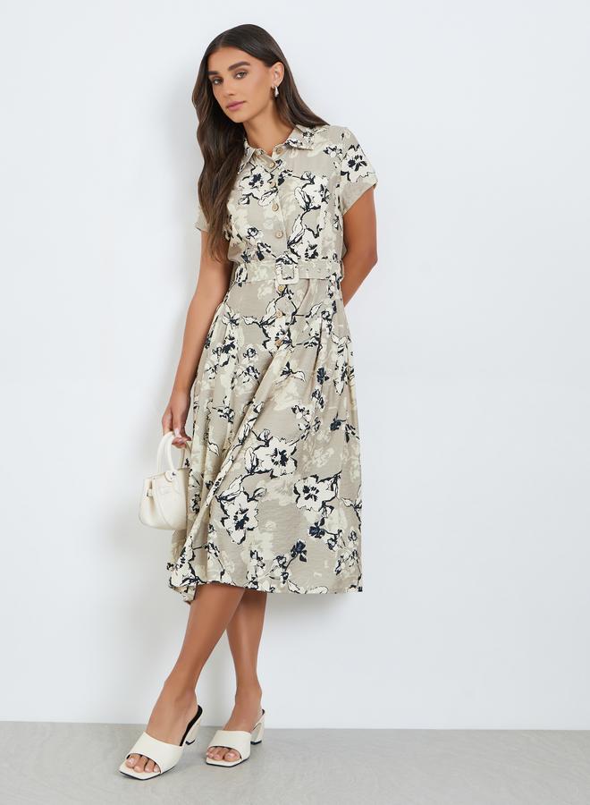 Styli Women Beige Floral Short Sleeves Shirt Midi Dress - Image 5